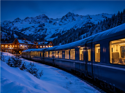 Night train travelling through the snowy French Alps